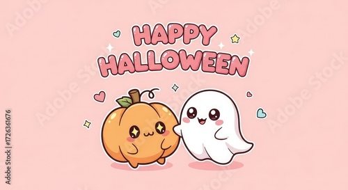 Cute happy Halloween with kawaii pumpkin and ghost characters on a pink background