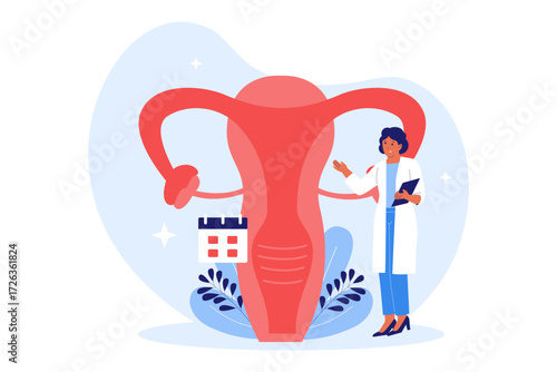Illustration of Female Reproductive Health and Gynecology. Doctor Examining a Uterus for Women's Wellness