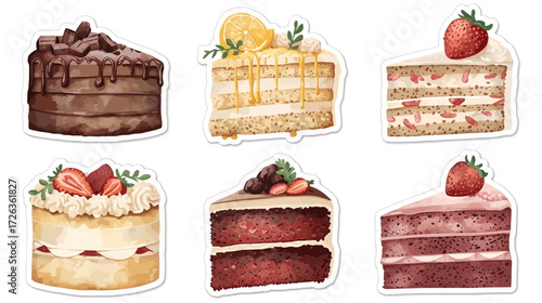 Watercolor illustration of six different cake slices with various toppings.