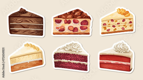 A sticker sheet featuring six different slices of cake, each with unique toppings and fillings.