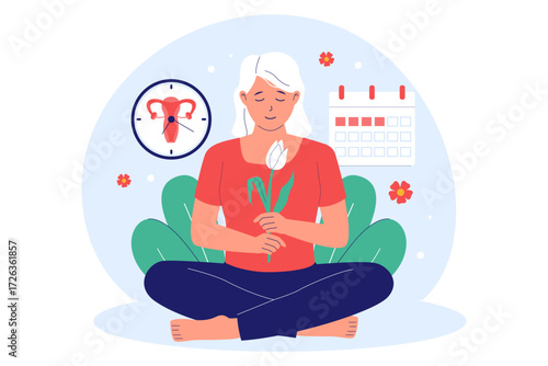 Illustration of Menopause and Hormonal Change. Woman Meditating for Emotional Balance During this Life Transition