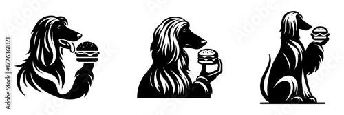 Modern Minimalist Afghan Hound Icon, Flat Silhouette of a Half Body Dog Eating Burger Vector for Pet Illustration Design