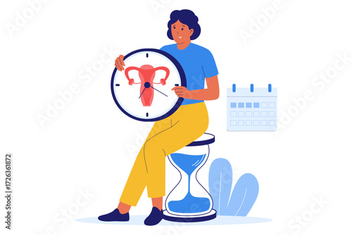 Illustration of Menopause and Biological Clock. Woman Holding a Clock Symbolizing the End of the Reproductive Cycle