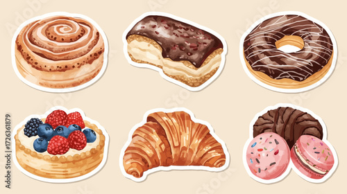 Variety of pastries and sweets illustration, including croissant, donut, and fruit tart.