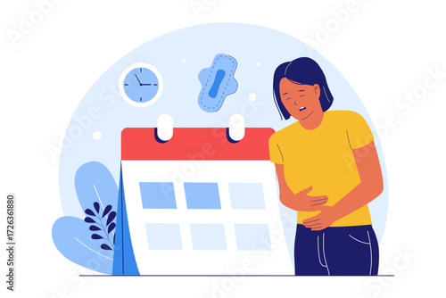 Illustration of Menstruation and Period Symptoms. Woman with Abdominal Pain and a Calendar for Cycle Tracking