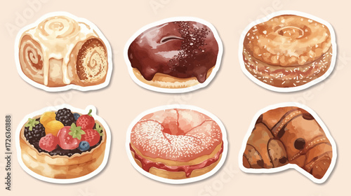 A sticker sheet featuring watercolor illustrations of various pastries, including a cinnamon roll, donut, fruit tart, and croissant.