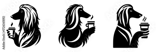 Modern Minimalist Afghan Hound Icon, Flat Silhouette of a Half Body Dog Holding Coffee Cup Vector for Pet Illustration Design