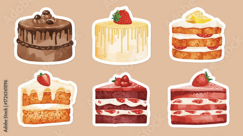 A collection of six cake illustrations, each with unique toppings and designs, set against a beige background.