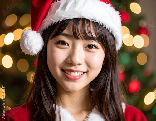 A close-up of the woman in a Santa hat, smiling brightly in front of a Christmas tree with sparkling lights, captures joyful holiday spirit