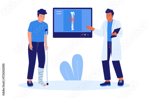 Illustration of Bone Fracture Diagnosis and Orthopedics. Doctors Examining an X-ray for a Broken Bone Injury and Medical Treatment