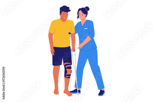 Illustration of Physical Therapy and Rehabilitation. Therapist Helping a Patient with a Leg Injury for Recovery and Mobility