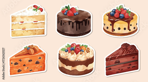 Selection of cake slices with various toppings and flavors.
