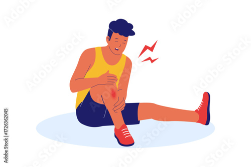 Illustration of Sports Injuries and Physical Pain.  Male Athlete Suffering from a Leg Injury and Knee Pain