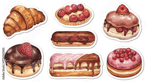Watercolor pastries: croissant, tart, eclair, donut, and cake.