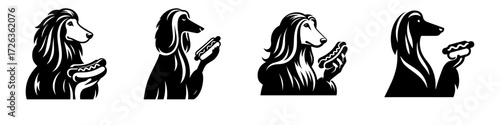 Modern Minimalist Afghan Hound Icon, Flat Silhouette of a Half Body Dog Holding Hotdog Vector for Pet Illustration Design