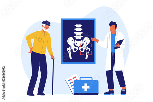 Illustration of Osteoporosis and Skeletal Health. Doctors Examining a Pelvis X-ray for Bone Density and Disease Prevention