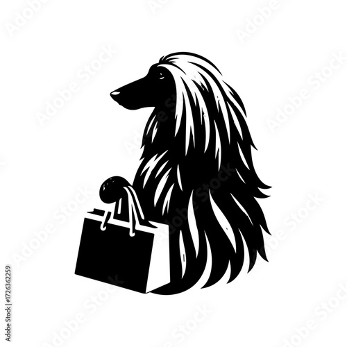 Modern Minimalist Afghan Hound Icon, Flat Silhouette of a Half Body Dog Holding Shopping Bag Vector for Pet Illustration Design