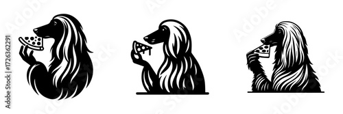 Modern Minimalist Afghan Hound Icon, Flat Silhouette of a Half Body Dog Eating Pizza Slice Vector for Pet Illustration Design