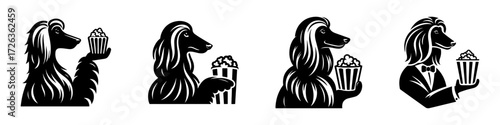 Modern Minimalist Afghan Hound Icon, Flat Silhouette of a Half Body Dog Holding Popcorn Vector for Pet Illustration Design