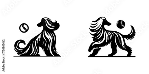 Modern Minimalist Afghan Hound Icon, Flat Silhouette of a Full Body Dog Playing Baseball Vector for Pet Illustration Design