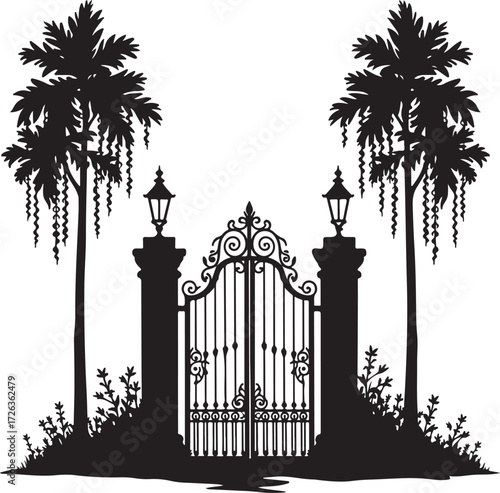 Ornate black silhouette wrought iron gate with palm trees