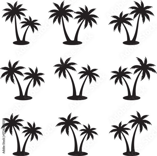 Palm Tree Silhouette Set: A collection of nine elegant palm tree silhouettes, a perfect symbol of tropical vacations and summery adventures. Evoking a sense of relaxation and the exotic.