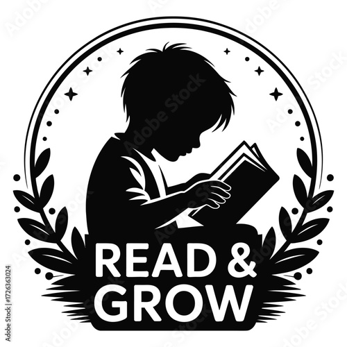 Silhouette of a child reading a book with the words read and grow