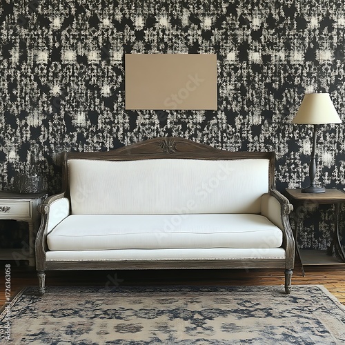 Living room scene with black and white patterned wallpaper, a light beige sofa, and a framed picture
