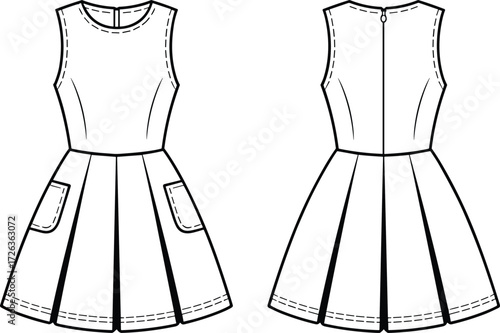 Fashion dress flat sketch, sleeveless dress technical drawing, CAD garment design illustration, vector dress pattern template, apparel fashion flat design