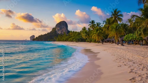 Experience the Bliss of Tropical Paradise with Turquoise Waves Gently Rolling onto the Pristine Sandy Beach, Palm Trees Swaying in the Breeze, Perfect for Relaxing Getaways and Serene Escapes