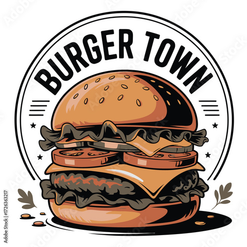 Burger Town Logo with Delicious Burger, Cheese, Tomato, Onion, Lettuce, Sesame Seed Bun