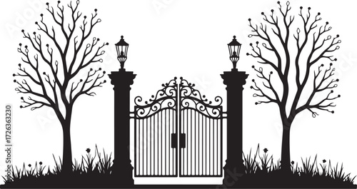 Ornate black silhouette gate with trees and lamps black and white