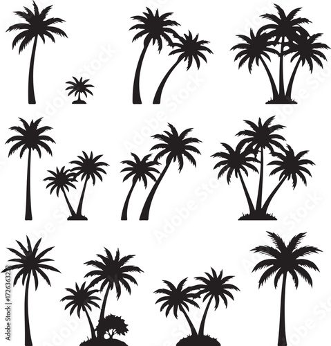 Palm Tree Silhouette Collection: a stylized compilation of various palm tree silhouettes, creating a tropical and exotic visual, great for design and branding
