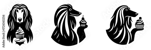Modern Minimalist Afghan Hound Holding Cupcake Icon, Flat Silhouette of a Dog Vector for Dessert Illustration Design