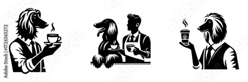 Modern Minimalist Afghan Hound Barista with Coffee Icon, Flat Silhouette of a Dog Vector for Café Illustration Design