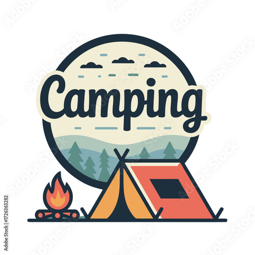 Camping adventure outdoor activity badge with tent bonfire and forest mountains