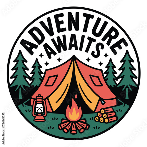 Adventure awaits camping scene with tent lantern and campfire