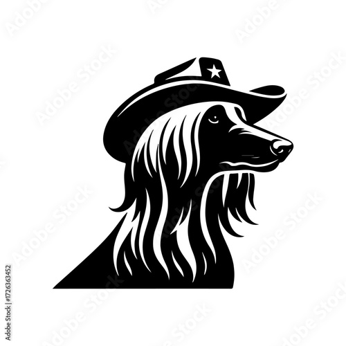 Modern Minimalist Afghan Hound Wearing Cowboy Hat Side View Icon, Flat Silhouette of a Dog Vector for Western Illustration Design