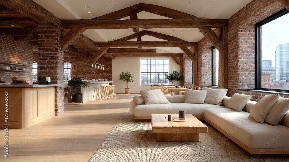 Fototapeta premium Warm Industrial Loft Interior with Wooden Beams and Natural Light Modern Design