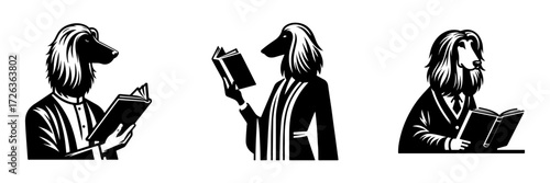 Modern Minimalist Afghan Hound Teacher with Book Icon, Flat Silhouette of a Dog Vector for Education Illustration Design