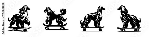 Modern Minimalist Afghan Hound Riding Skateboard Icon, Flat Silhouette of a Dog Vector for Sports Illustration Design