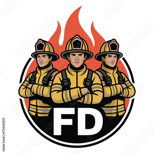 Three firefighters standing together with flames behind them