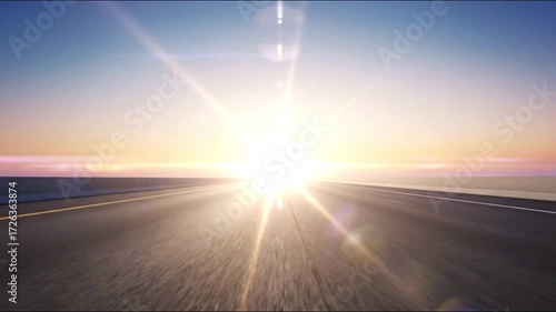 Blinding sunlight shining on high-speed motion blurred road
