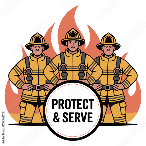 Three brave firefighters standing together with flames behind them