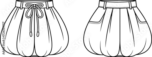 Fashionable balloon skirt front and back technical flat sketch, CAD drawing vector illustration, trendy apparel design, sewing pattern, fashion template