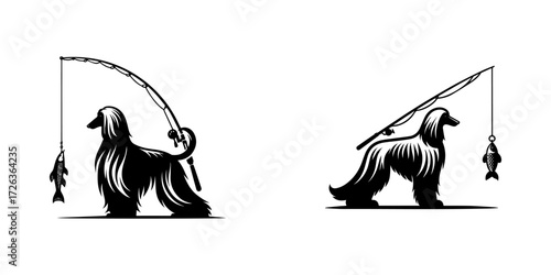 Modern Minimalist Afghan Hound Fishing with Rod Icon, Flat Silhouette of a Dog Vector for Outdoor Illustration Design