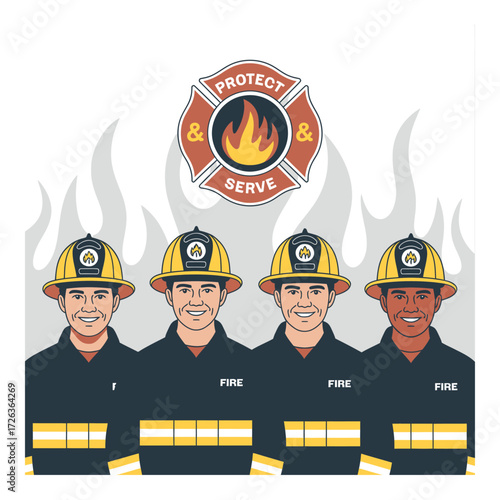 Diverse group of firefighters in uniform with a maltese cross emblem