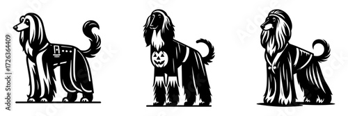 Modern Minimalist Afghan Hound Wearing Halloween Costume Icon, Flat Silhouette of a Dog Vector for Spooky Illustration Design