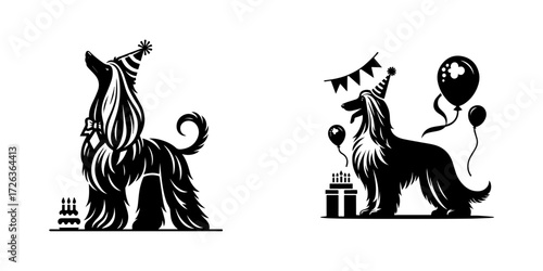 Modern Minimalist Afghan Hound Celebrating Birthday Icon, Flat Silhouette of a Dog Vector for Party Illustration Design