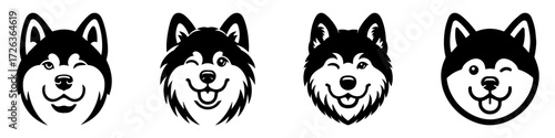 Modern Minimalist Alaskan Malamute Dog Head Portrait Winking Icon, Flat Silhouette of a Dog Vector for Pet Illustration Design